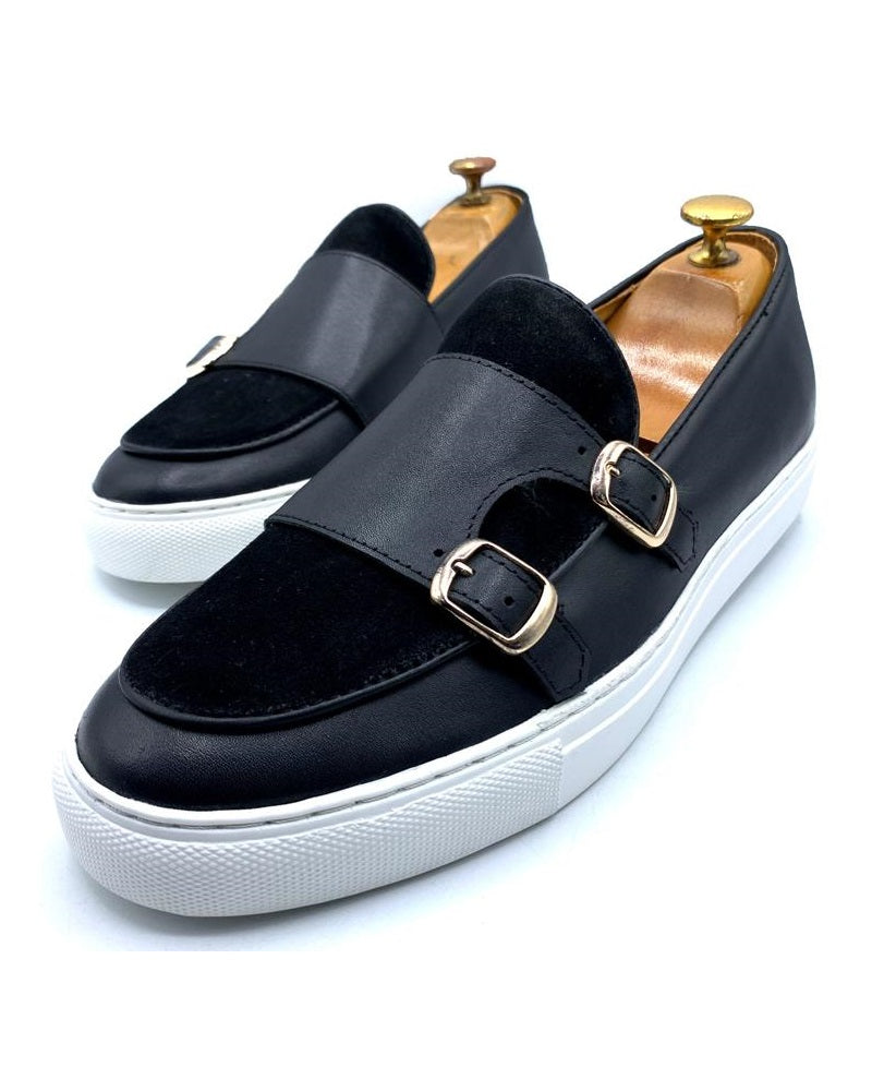 Governors Leather Double Buckle Belgian Sneakers With Suede Overlay