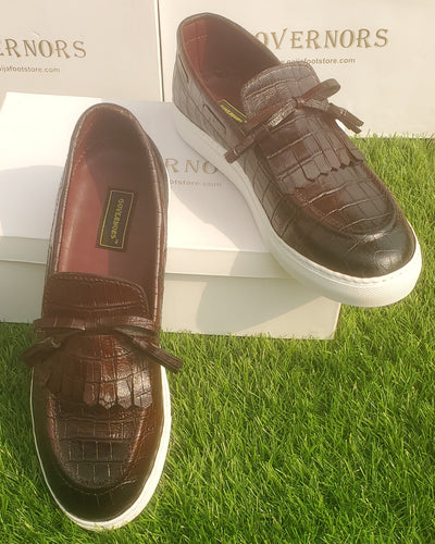 BURNT BROWN ALLIGATOR GOVERNORS LEATHER SNEAKERS WITH TASSEL DETAIL (MR AKIN) - WHITE SOLE