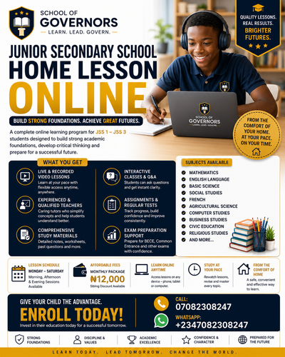Promotional flyer for the School of Governors Junior Secondary School Home Lesson Online program, featuring a smiling boy using a laptop, text details about the program, and contact information.
