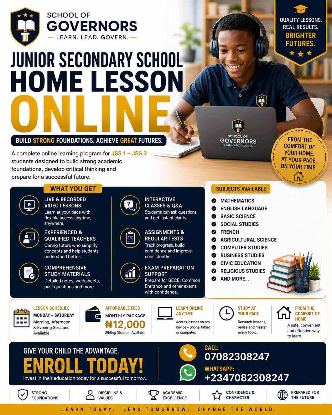 Promotional flyer for the School of Governors Junior Secondary School Home Lesson Online program, featuring a smiling boy using a laptop, text details about the program, and contact information.