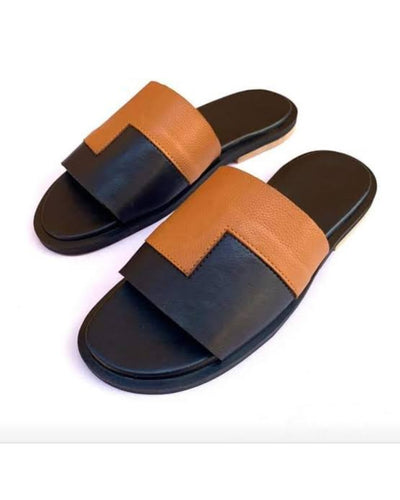 GOVERNORS BLACK BROWN LEATHER MIX COVER PALM SLIPPERS