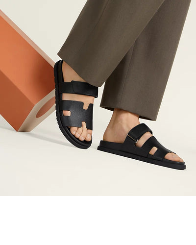 GOVERNORS SKIN VELCRO LEATHER SLIPPERS - BLACK