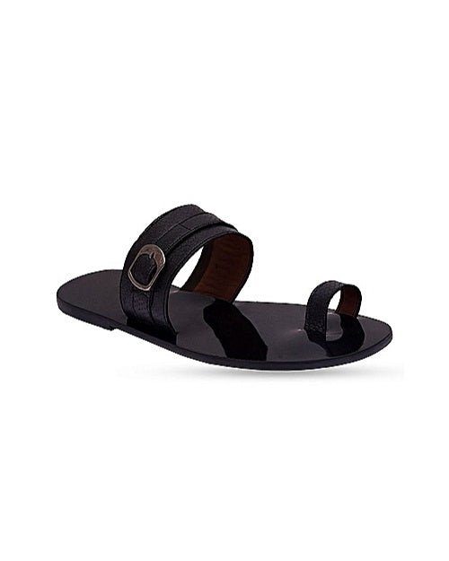 One Toe Leather Slippers With Buckle Details