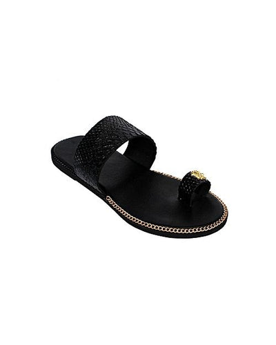 One Toe Gold Detail Skin Leather Slippers - Black