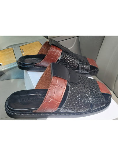GOVERNORS BROWN AND BLACK ALLIGATOR OVAL SOFT INSOLE SLIPPERS