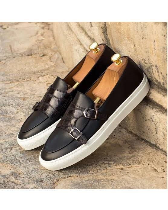 Men Leather/Crocodile Mix Double Buckle Governors Sneakers