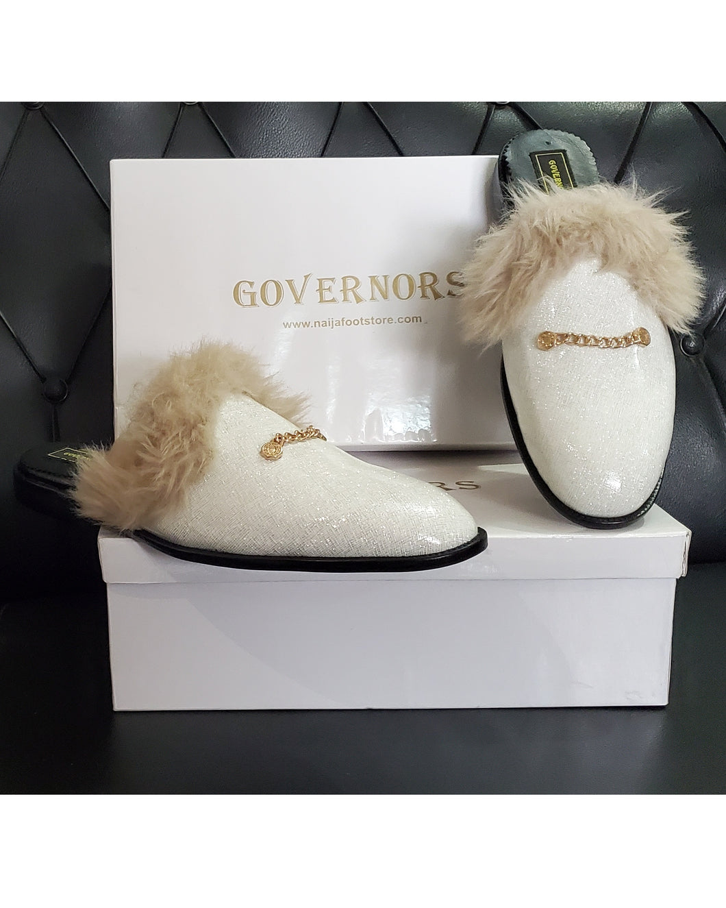 GLITTERY GOVERNORS HALFSHOE SLIP-ONS WITH FUR