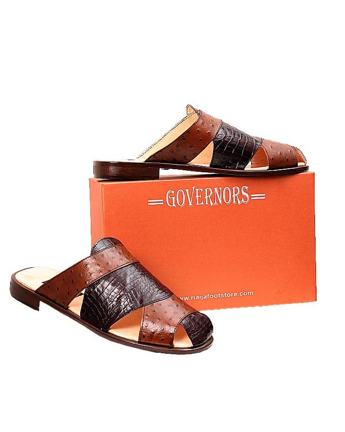 Brown Two Toned Skin Leather Slippers - Main Image