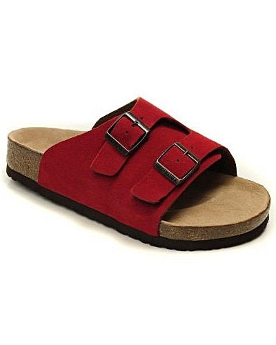 RED SUEDE DOUBLE BUCKLE SLIDES