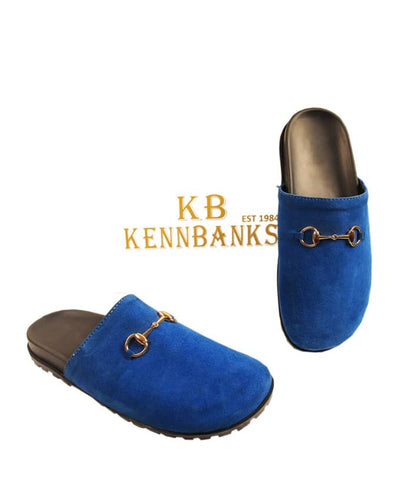 Mens Suede Flat Horseibit Mules - Blue