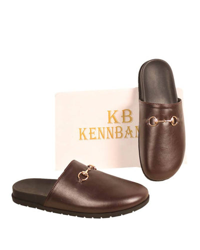 Mens Flat Leather Horsebit Mules - Brown