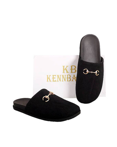 Mens Suede Flat Horsebit Mules