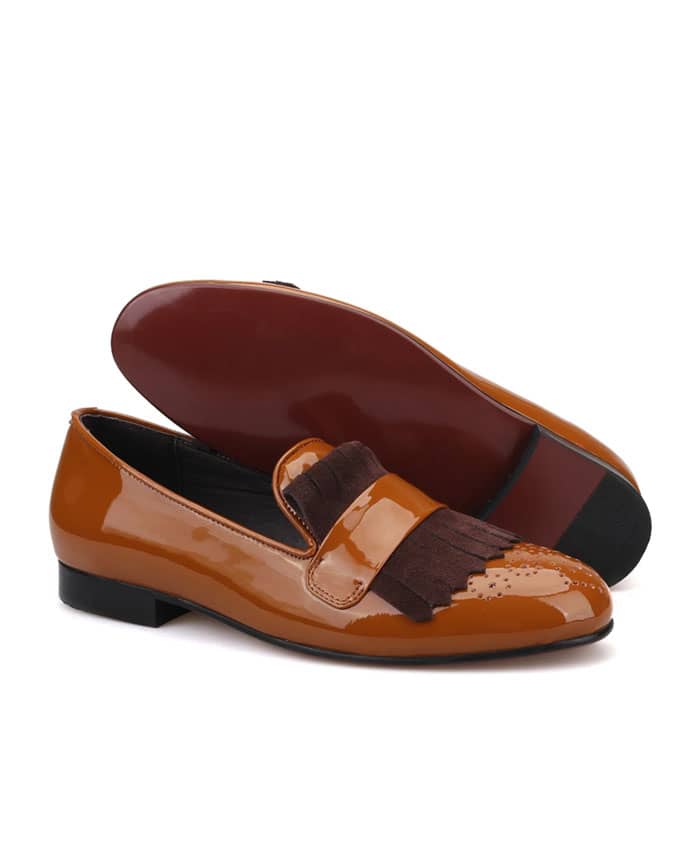 Men Patent Finger Tassel Loafers - Brown