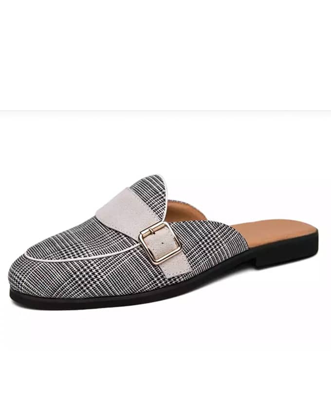 Men's Checkers White Side Buckle Details Mules