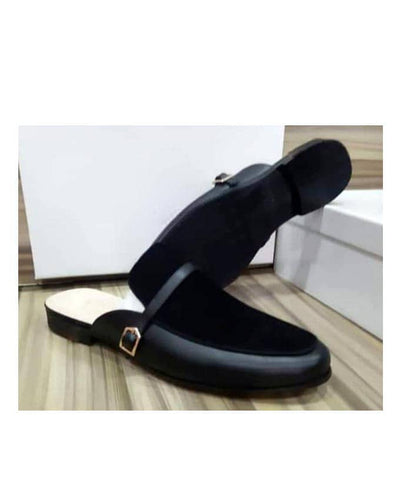 KENN BANKS LEATHER/SUEDE SIDE BUCKLE HALF SHOE - BLACK