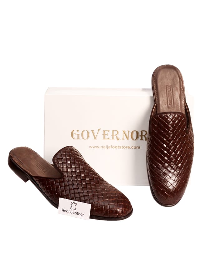 BROWN WEAVED OUT LEATHER HALF SHOES