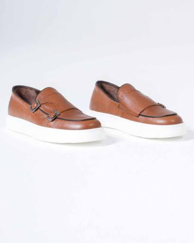 BROWN DOUBLE BUCKLE GOVERNORS LEATHER SNEAKERS PLIMSOLLS