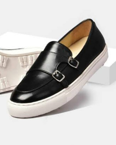 BLACK DOUBLE BUCKLE GOVERNORS LEATHER SNEAKERS PLIMSOLLS