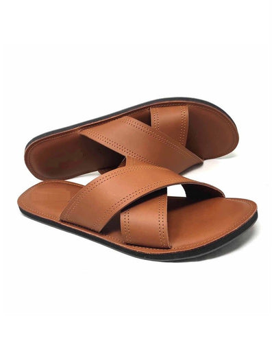 Governors Sew Cross Leather Slippers - Brown