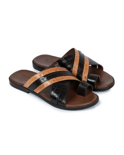 Governors Cross Corn Ostrich Leather Slippers - Brown and Black
