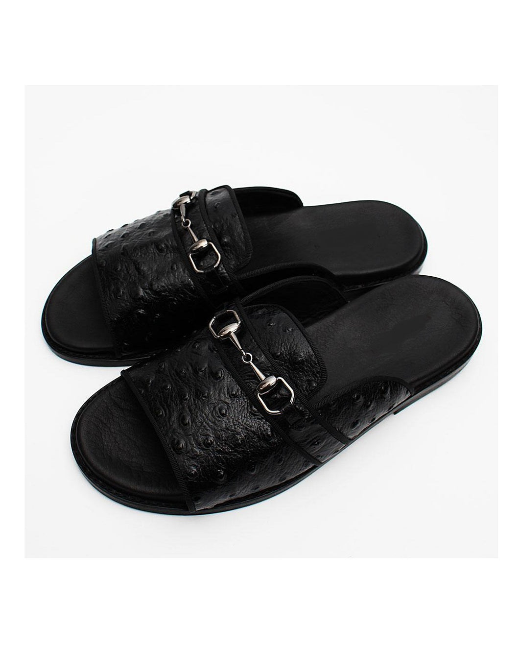 Detailed Ostrich Skin Leather Slippers