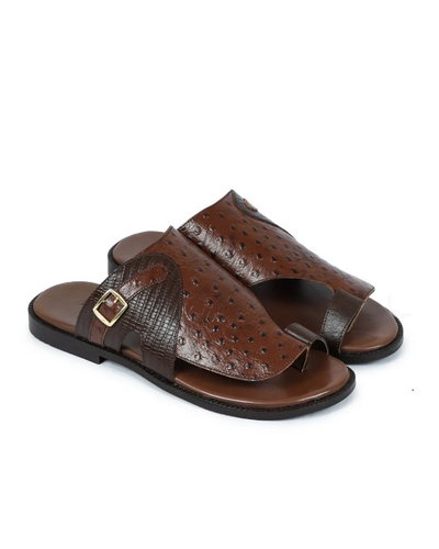Governors Ostrich Kopa Leather Slippers With Wild Lizard Skin Detail- Brown