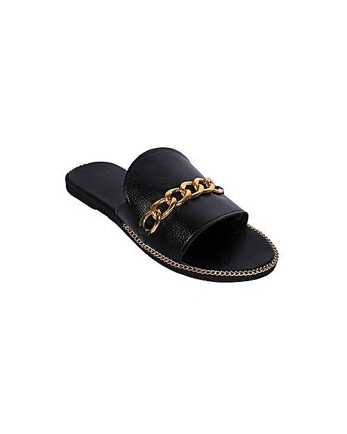 Chained Leather Slippers - Black