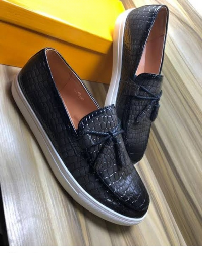 BLACK BUBBLE REPTILE BELGIAN GOVERNORS LEATHER SNEAKERS PLIMSOLLS