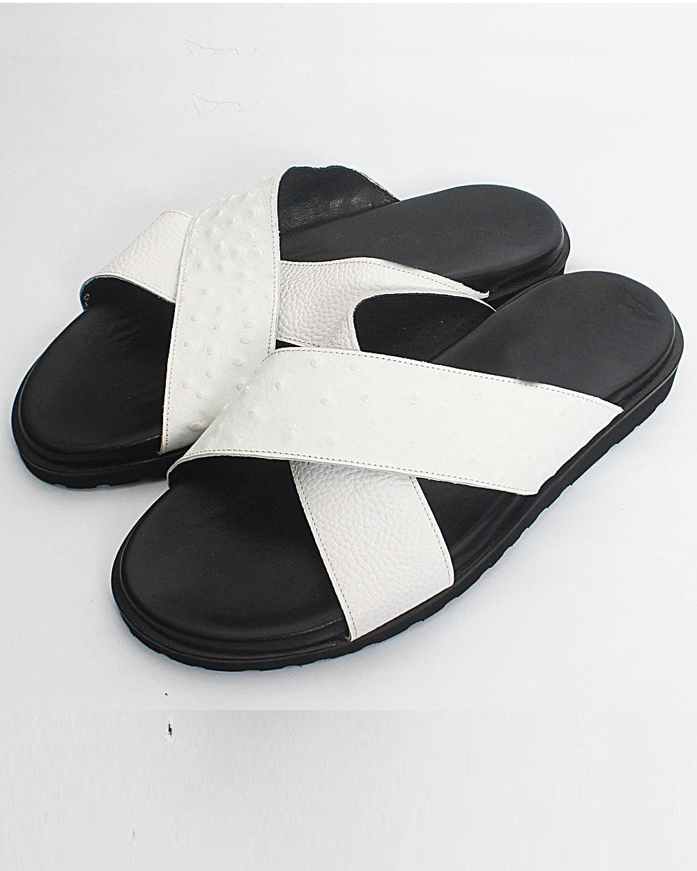 GOVERNORS OSTRICH CROSS LEATHER SLIPPERS - WHITE